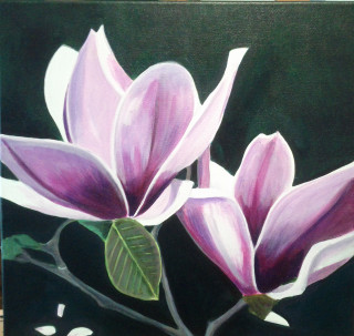 An Acrylic painting by Dawn Luttrell in the Realist style  depicting Flowers with main colour being Green Grey and Pink and titled Magnificient Magnolia