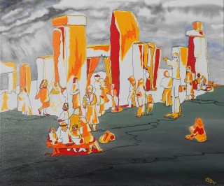 A Mixed Media painting by Pippa Newby in the Illustrative style  depicting Buildings and People with main colour being Green Grey and Orange and titled Stonehenge Chaos U.K.