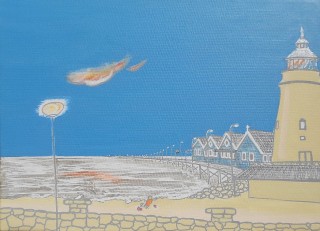 An Acrylic painting by Pippa Newby in the Contemporary style  depicting Beach and Lighthouse with main colour being Blue and Cream and titled The Jetty, Busselton, WA