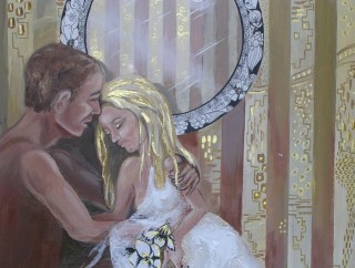 A Mixed Media painting by Pippa Newby in the Realist Impressionist style  depicting People Man and Woman with main colour being Grey Ochre and White and titled Golden Dreams After Klimt
