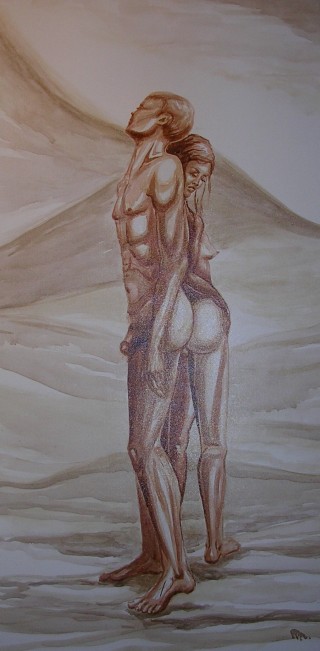 An Ink painting by Pippa Newby in the Illustrative style  depicting Nude with main colour being Brown Grey and Ochre and titled Close