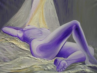 A Mixed Media painting by Pippa Newby depicting Nude and Woman with main colour being Cream Grey and Purple and titled Purple Dreams