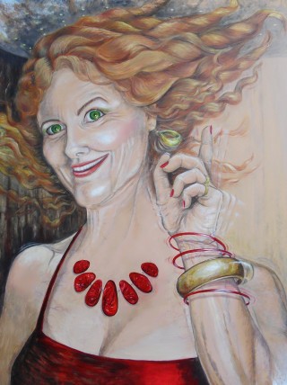An Acrylic painting by Pippa Newby in the Contemporary style  depicting Portrait Party and Woman with main colour being Grey Ochre and Red and titled Pippa  (Self Portrait)