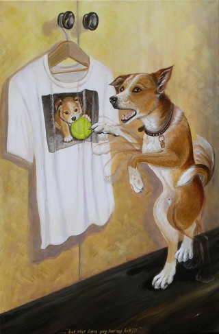 An Acrylic painting by Pippa Newby in the Illustrative style  depicting Animals Dogs with main colour being Brown Ochre and White and titled That Little Guy has my Ball