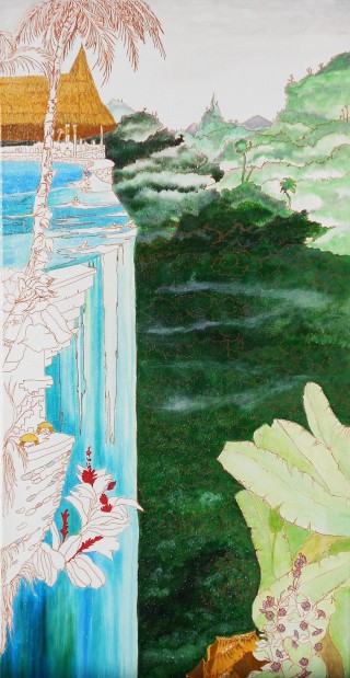 A Mixed Media painting by Pippa Newby in the Illustrative style  depicting Landscape City and titled Viceroy, Ubud, Bali