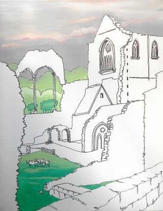 A Mixed Media painting by Pippa Newby in the Illustrative style  depicting Landscape Buildings with main colour being Green Grey and White and titled Tintern Abbey UK