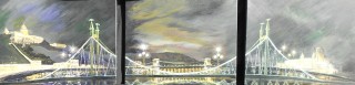 An Acrylic painting by Pippa Newby in the Realist Impressionist style  Bridge and Buildings with main colour being Green and Grey and titled Budapeste Triptych