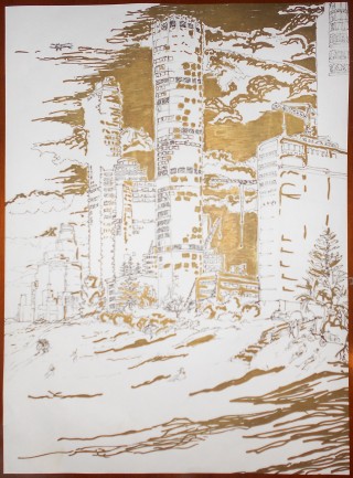 An Ink painting by Pippa Newby in the Illustrative style  depicting Landscape Beach and City with main colour being Ochre White and Yellow and titled Glorious Goldcoast