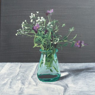 An Oil painting by Rick Matear in the Realist style  depicting Flowers and Vases with main colour being Green Grey and White and titled Just Picked