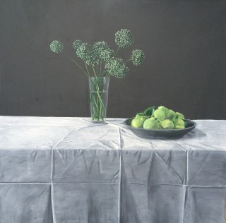 An Oil painting by Rick Matear in the Realist style  depicting Flowers and Vases with main colour being Green and Grey and titled Onion Flowers and Quinces