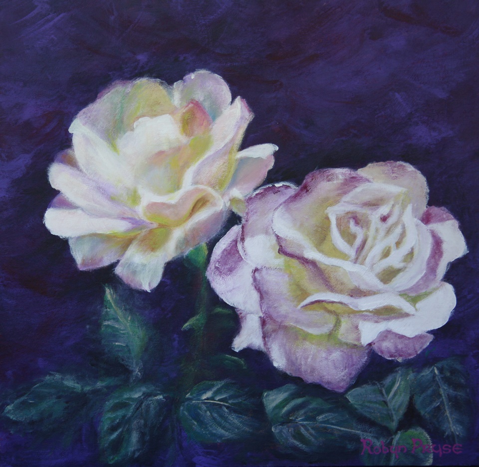 Acrylic Painting by Robyn Pryse titled White Roses on Purple