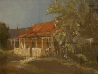 An Oil painting by Susan Lanchester in the Realist style  depicting Landscape Buildings and Rural with main colour being Blue Green and Ochre and titled The Miner’s Cottage