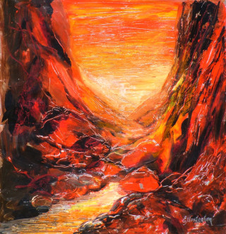 A Mixed Media painting by Ekaterina Mortensen in the Abstract style  depicting Landscape Creek Desert and Hills with main colour being Brown Orange and Red and titled Standley Chasm