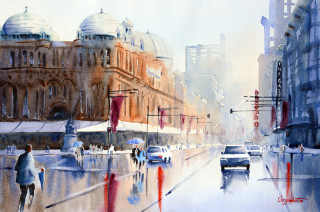 A Watercolour painting by Chrysovalantou Mavroudis in the Realist Impressionist style  depicting Buildings People and Streets with main colour being Blue and Brown and titled Stop/Start