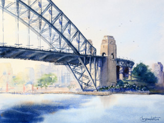 A Watercolour painting by Chrysovalantou Mavroudis in the Realist Impressionist style  depicting Bridge City and Streets with main colour being Blue and Grey and titled Sydney Harbour Bridge