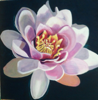 An Acrylic painting by Dawn Luttrell in the Realist style  depicting Flowers with main colour being Green and Pink and titled Waterlily Magic