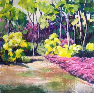 An Acrylic painting by Yvonne West in the Impressionist style  depicting Landscape Garden and Trees with main colour being Green Pink and Purple and titled Rhododendron Gardens
