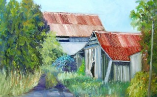 An Oil painting by Yvonne West in the Impressionist style  depicting Buildings Rural and Sheds with main colour being Blue Green and Pink and titled Richmond Barns