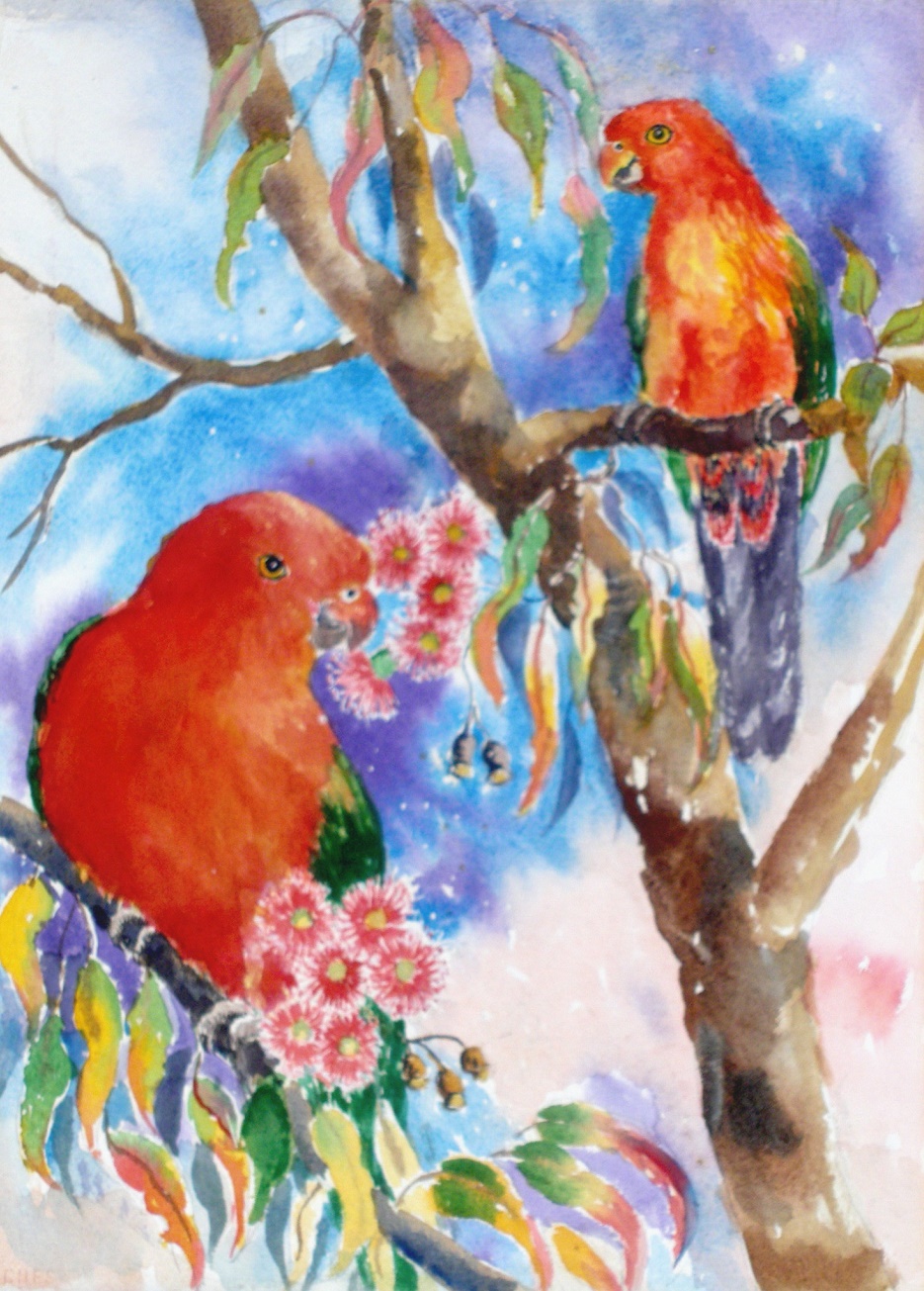 Acrylic Painting by Yvonne West titled King Parrots