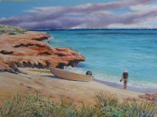 An Acrylic painting by Yvonne West in the Realist Impressionist style  depicting Beach Boats and Rocks with main colour being Blue and Brown and titled Ningaloo Reef