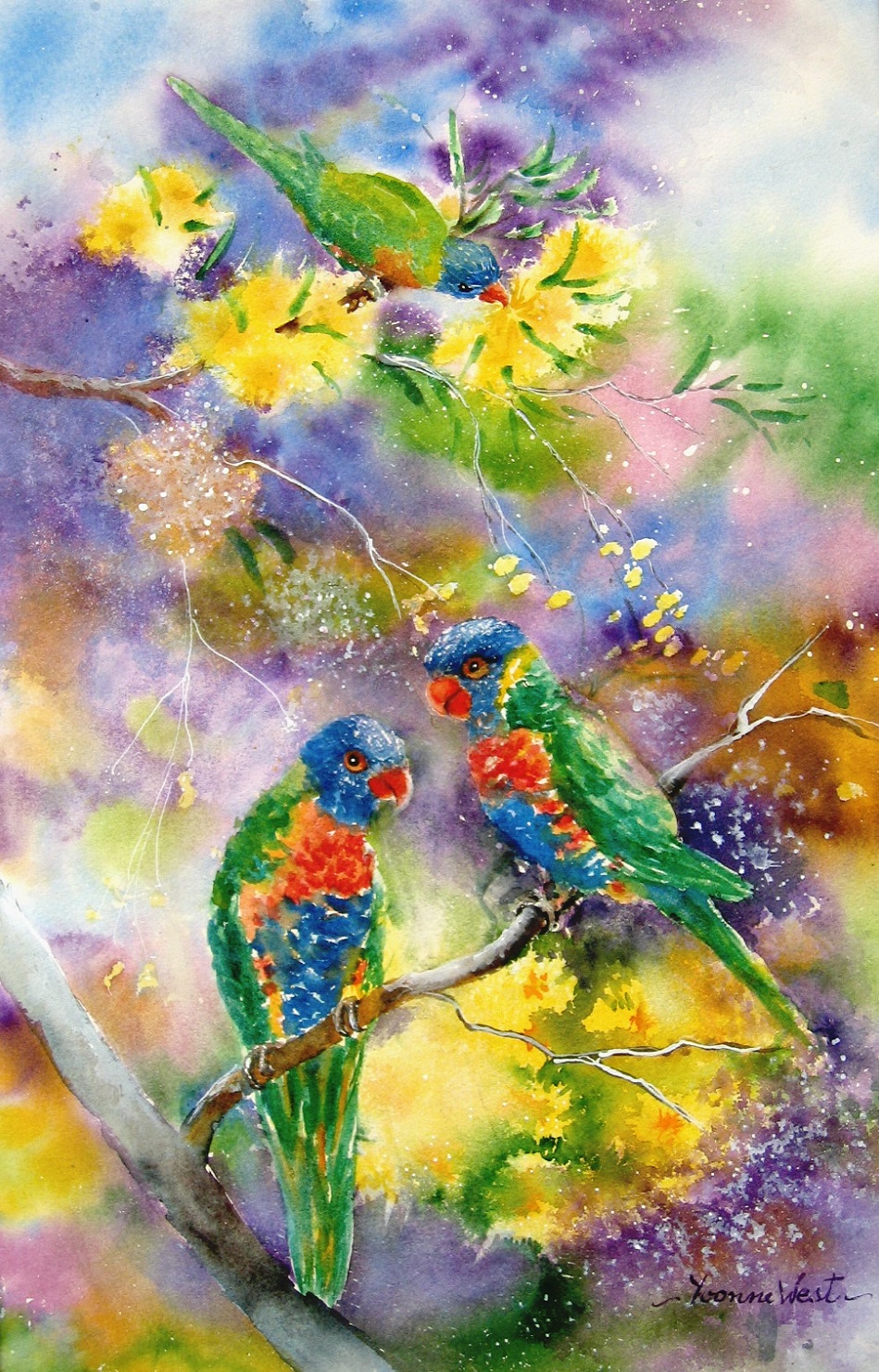 Acrylic Painting by Yvonne West titled Rainbow Lorikeets