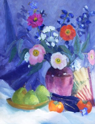 An Oil painting by Yvonne West in the Realist Impressionist style  depicting Still Life Flowers Fruit and Vases with main colour being Blue and Green and titled Still life with Pears