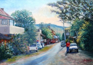 An Acrylic painting by Yvonne West in the Realist style  depicting Landscape Cars and Streets with main colour being Blue and Green and titled Main St. Sofala