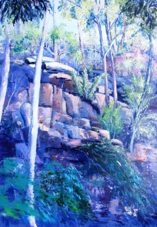 An Acrylic painting by Yvonne West in the Realist style  depicting Landscape Rocks and Trees with main colour being Blue Green and Purple and titled Upper Colo Escarpment
