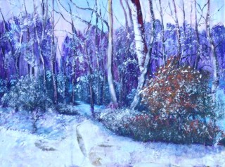 An Acrylic painting by Yvonne West in the Realist style  depicting Snow with main colour being Blue and Purple and titled First Snow