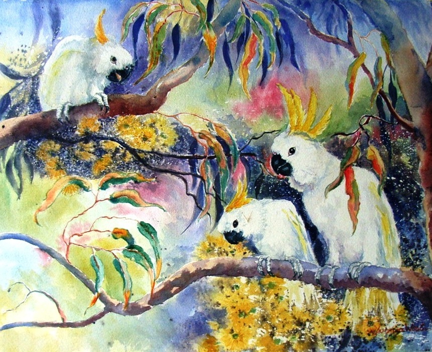 Watercolour Painting by Yvonne West titled Sulphur Crested Cockatoos