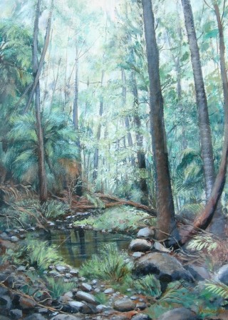 An Acrylic painting by Yvonne West in the Realist style  depicting Trees with main colour being Green and titled Misty Rainforest