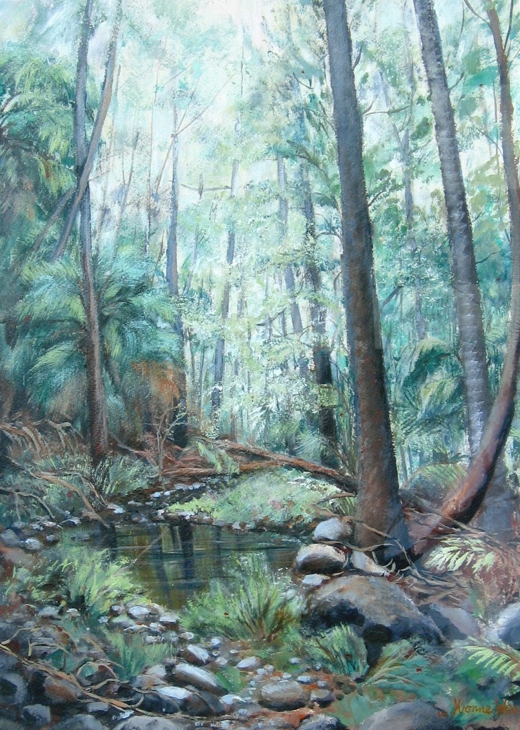Acrylic Painting by Yvonne West titled Misty Rainforest