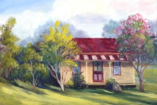 An Oil painting by Yvonne West in the Impressionist style  depicting Landscape Buildings and Rural with main colour being Blue Green and Red and titled Blackheath Cottage