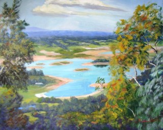 An Acrylic painting by Yvonne West in the Impressionist style  depicting Lake with main colour being Blue and Green and titled Penrith Lakes
