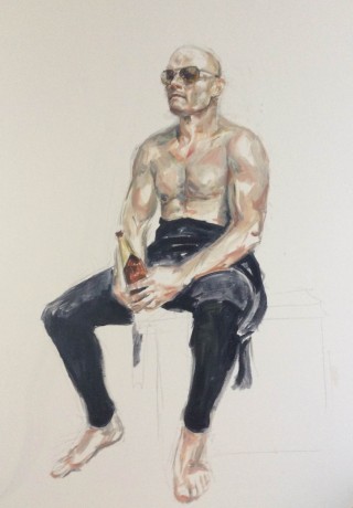 An Oil painting by Daniel Butterworth in the Impressionist style  depicting Portrait Man with main colour being Black and Grey and titled Fred at Anglesea