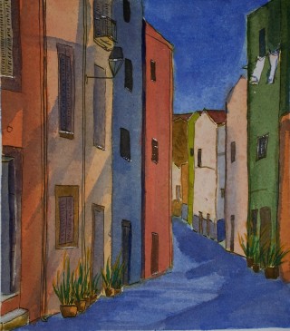A Watercolour painting by Kate Dayman depicting Buildings and City with main colour being Blue and Orange and titled Alleyway Leading to the Castle