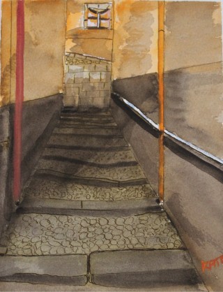 A Watercolour painting by Kate Dayman Buildings with main colour being Grey and Ochre and titled Stairway at Dusk