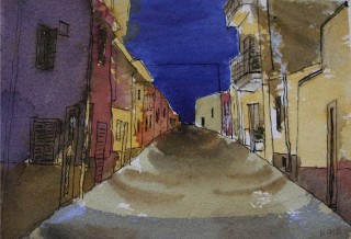 A Watercolour painting by Kate Dayman depicting Landscape Buildings with main colour being Blue Grey and Ochre and titled Old Road at Dusk