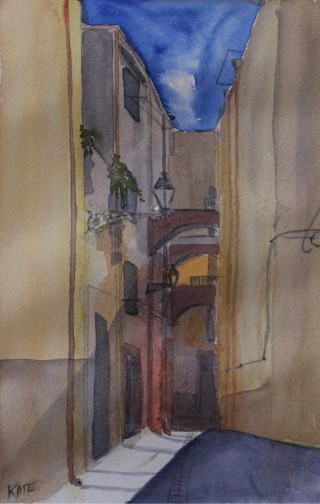 A Watercolour painting by Kate Dayman depicting Buildings and City with main colour being Blue Grey and Ochre and titled Arches in the Old Town
