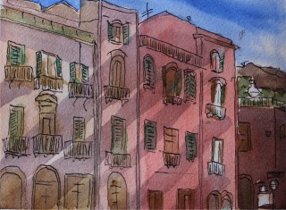 A Watercolour painting by Kate Dayman depicting Buildings with main colour being Pink and titled Piazza, Bosa, Italy