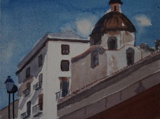 A Watercolour painting by Kate Dayman depicting Buildings with main colour being Blue Brown and Cream and titled Cathedral, Bosa, Italy
