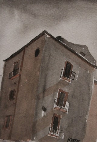 A Watercolour painting by Kate Dayman depicting Buildings with main colour being Brown and Grey and titled Corner House, Bosa