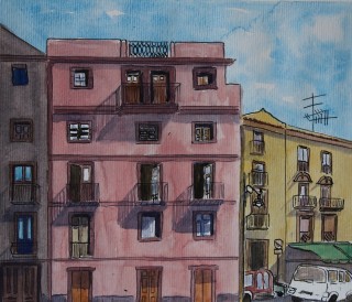 A Watercolour painting by Kate Dayman depicting Buildings with main colour being Blue Pink and Yellow and titled Pink House in Bosa, Italy