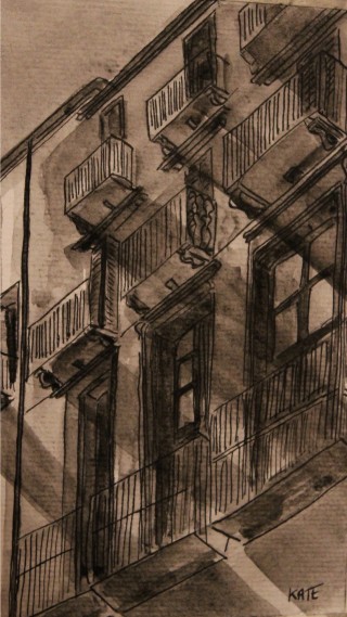 A Watercolour painting by Kate Dayman depicting Buildings with main colour being Brown and titled Balconies, Old Town