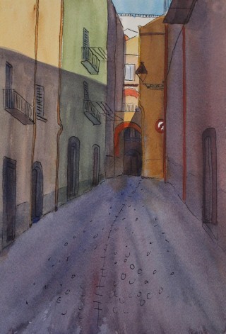 A Watercolour painting by Kate Dayman depicting Landscape Buildings with main colour being Green Orange and Purple and titled Alley & Arches