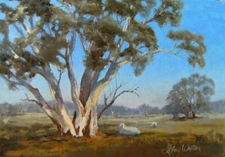 An Oil painting by Lesley Whitten in the Realist style  depicting Landscape Rural and Trees with main colour being Blue and Green and titled Rural Landscape