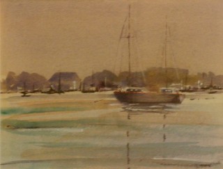 A Watercolour artwork by Susan Lanchester in the Realist Impressionist style  depicting Landscape Boats River and Water with main colour being Blue Brown and Ochre and titled Williamstown