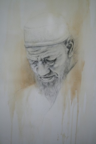A Mixed Media painting by Sharon Moroney depicting Portrait Man with main colour being Cream Grey and Ochre and titled The Prayer