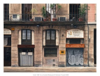 A  painting by Nicholas Truscott Buildings and titled La Cuineta Restaurant