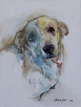 A Mixed Media painting by Bronwen Hunt in the Realist Impressionist style  depicting Animals Dogs with main colour being Blue Brown and Cream and titled Blind-sided